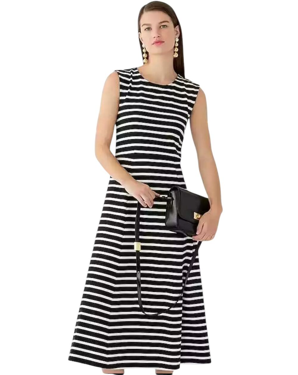 J. Crew Black Striped Cap Sleeve Cotton Knit Midi Dress